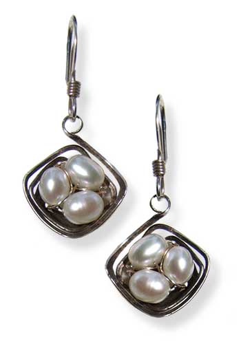 The Nest Earrings (Angular Silver with Pearls)