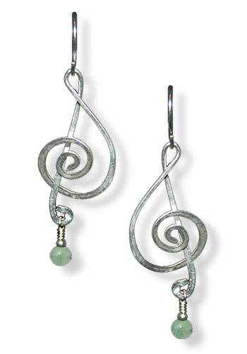 Treble Clef Earrings (With Gemstones), Green Jade