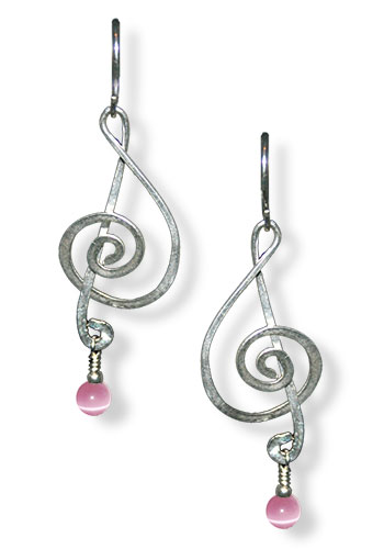Treble Clef Earrings (With Gemstones), Pink Cats Eye