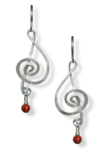 Treble Clef Earrings (With Gemstones), Red Carnelian