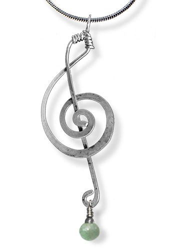 Treble Clef Pendant (With Gemstones), Green Jade