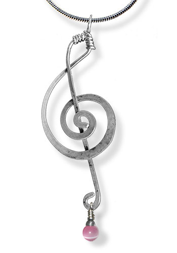 Treble Clef Pendant (With Gemstones), Pink Cats Eye